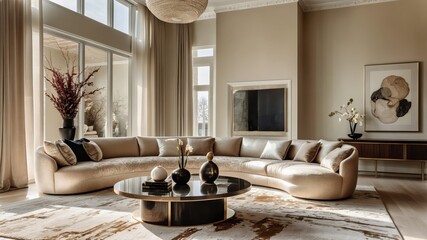 Fototapeta premium Luxurious modern living room, neutral color palette, large abstract art piece, curved sofas, round coffee table, floor-to-ceiling windows, minimalist decor, high-end interior design, soft lighting, te