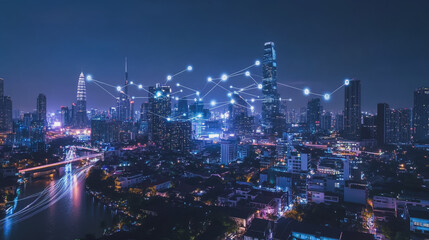 Fototapeta premium Smart digital Innovation city with connection network reciprocity over the cityscape. of future smart wireless city and social media networking systems that connects business people with in city
