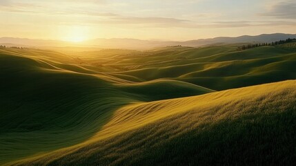 Obraz premium Serene landscape of rolling green hills under a soft sunset glow.