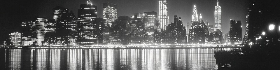 Vibrant New York City Skyline at Night: Illuminated Skyscrapers and Reflections on Water. Panoramic View of Manhattan Island Showcasing Urban Architecture and Cityscape for Modern Design and Marketing