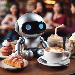 Mini ai robot drinking coffee 
