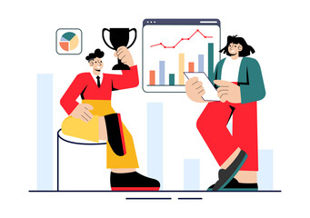Top Manager Employees Vector Illustration Featuring Project Management and Financial Report Strategies to Achieve Goals or Targets in a Background