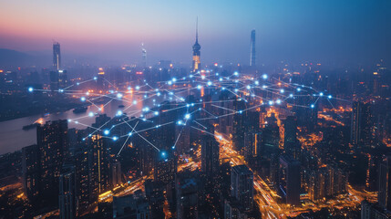 Obraz premium Smart digital Innovation city with connection network reciprocity over the cityscape. of future smart wireless city and social media networking systems that connects business people with in city