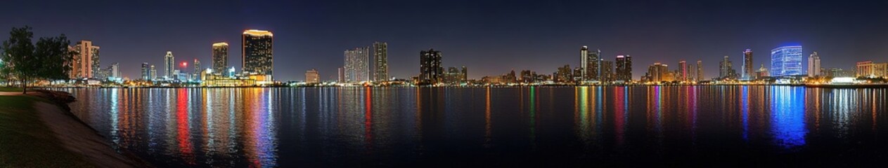 Naklejka premium Vibrant New York City Skyline at Night: Illuminated Skyscrapers and Reflections on Water. Panoramic View of Manhattan Island Showcasing Urban Architecture and Cityscape for Modern Design and Marketing