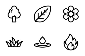 tree, leaf, flower, grass, waterdrop, fire icon set