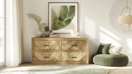 Light-filled room with wooden dresser, green chair, and botanical art.