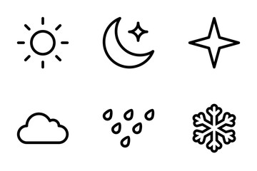 sun, moon, stars, cloud, rain, snowflake icon set