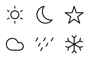 sun, moon, stars, cloud, rain, snowflake icon set