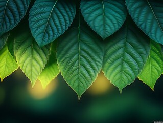 Obraz premium Lush green leaves illuminated by soft sunlight