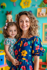 Young white woman teacher and child smiling in kindergarten playroom