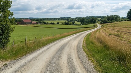 A winding countryside road with visible tire marks and loose gravel from heavy traffic