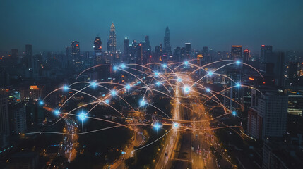 Obraz premium Smart digital Innovation city with connection network reciprocity over the cityscape. of future smart wireless city and social media networking systems that connects business people with in city