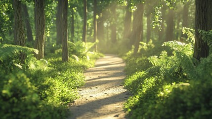 Fototapeta premium Sunlit Forest Path with Dappled Shadows and Vibrant Greenery