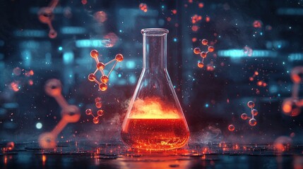 Flaming liquid in Erlenmeyer flask, molecules.