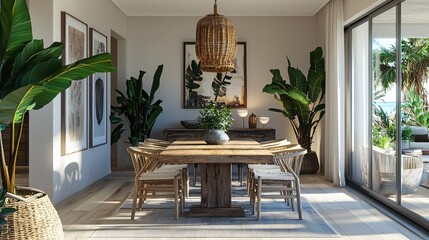 Modern Tropical Dining Room Interior Design Luxury Home Decor Wooden Table Plants