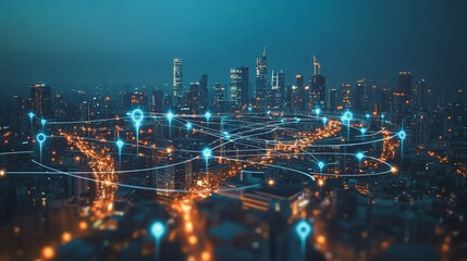 Naklejka premium Smart digital Innovation city with connection network reciprocity over the cityscape. of future smart wireless city and social media networking systems that connects business people with in city