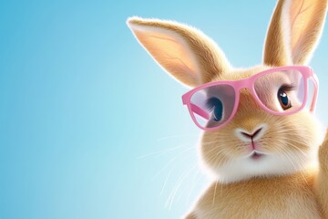 Obraz premium A cheerful bunny character in bright pink sunglasses embodies the joyful spirit of Easter against a vibrant blue background, reflecting pure joy and festivity during this spring celebration