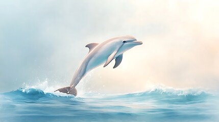 Naklejka premium Dolphin Leaping Ocean Wave Sunrise Art - Watercolor style