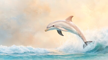 Dolphin Leaping Ocean Wave Sunrise Art - Pastel color palettes