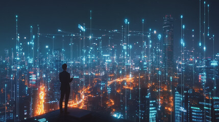 Fototapeta premium Smart digital Innovation city with connection network reciprocity over the cityscape. of future smart wireless city and social media networking systems that connects business people with in city