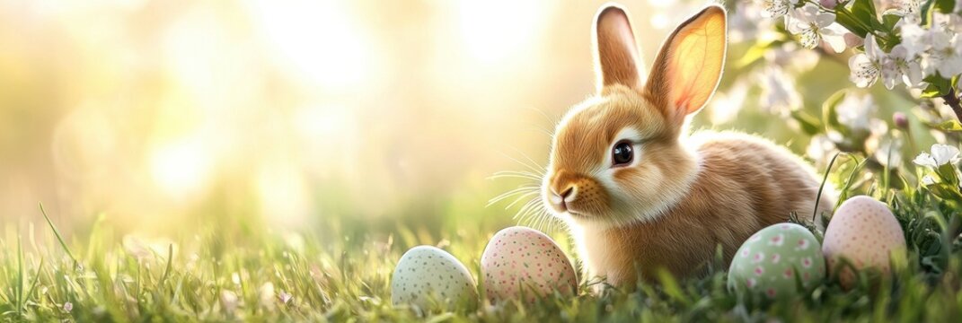A charming scene shows an adorable bunny among pastel Easter eggs in soft grass, with warm sunlight illuminating the setting, embodying the joyful spirit of the Easter celebration