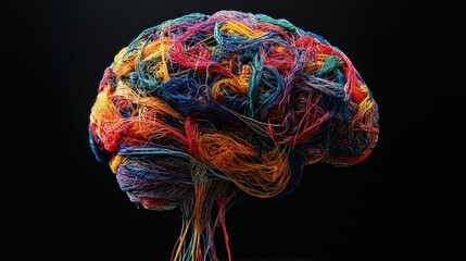 Colorful yarn shaped like a brain; complex, tangled threads. Illustrates creativity, complexity, or the interconnectedness of ideas.