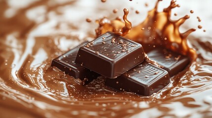 Chocolate bars splashing in liquid chocolate.