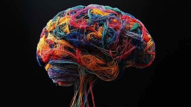Colorful yarn shaped like a brain; complex, tangled threads. Illustrates creativity, complexity, or the interconnectedness of ideas.