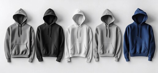 Five hoodies in various colors displayed against a neutral background.
