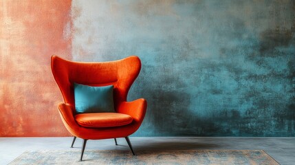 Orange armchair and blue cushion in teal room