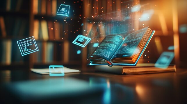 Open book levitating with digital data icons.