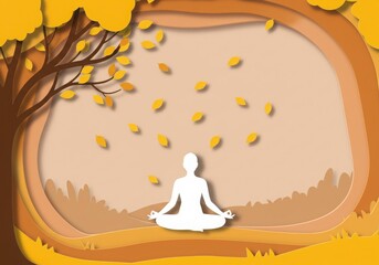 Obraz premium Paper art, yoga meditation, autumn tree, yellow leaves falling, silhouette figure, mindfulness