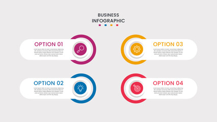 Business infographic template. 4-Step timeline journey. Process diagram, 4 options on white background, Info graph elements vector illustration.