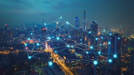 Fototapeta premium Smart digital Innovation city with connection network reciprocity over the cityscape. of future smart wireless city and social media networking systems that connects business people with in city