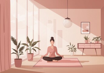 Minimalist illustration, woman meditating, peaceful interior, soft pink and beige tones