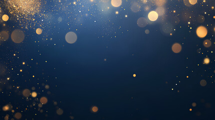 Abstract dark blue and gold particle background with  golden light bokeh, shining particles on navy blue, gold foil texture, festive holiday concept