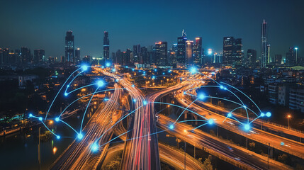 Fototapeta premium Smart digital Innovation city with connection network reciprocity over the cityscape. of future smart wireless city and social media networking systems that connects business people with in city