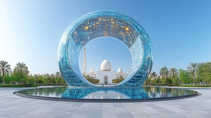Mosque framed by a large blue circular sculpture.