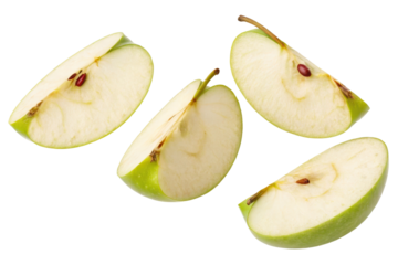 Four slices of green apple falling isolated with transparent background