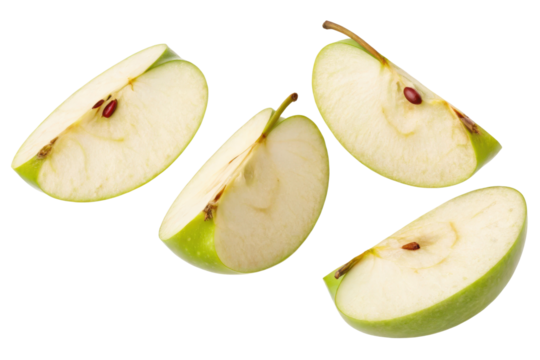 Four slices of green apple falling isolated with transparent background