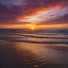 A serene beach landscape at sunset, with the golden sun dipping into the horizon, casting vibrant hues of orange, pink, and purple across the sky and reflecting on the gentle waves of the sea.

