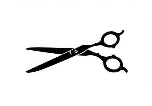 Iconic scissors symbol, black and white graphic, minimalist design, simple shapes, bold