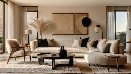 Minimalist living room, neutral color palette, curved sofa, round coffee table, abstract wall art, arched doorway, pampas grass, textured rug, modern interior design, warm lighting, cozy atmosphere, e