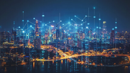 Naklejka premium Smart digital Innovation city with connection network reciprocity over the cityscape. of future smart wireless city and social media networking systems that connects business people with in city
