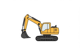 Naklejka premium Line drawing, excavator, construction vehicle, heavy machinery, black and white, simple icon