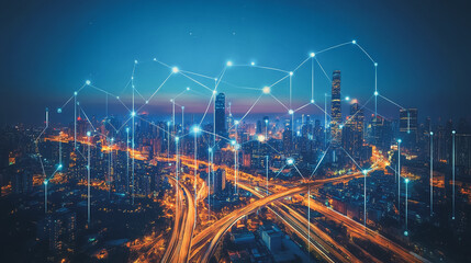 Smart digital Innovation city with connection network reciprocity over the cityscape. of future smart wireless city and social media networking systems that connects business people with in city