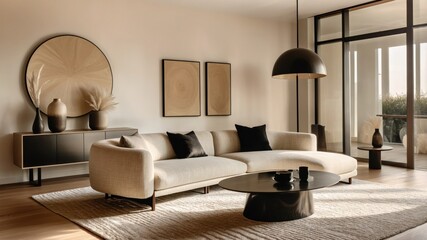Minimalist living room, neutral color palette, curved sofa, round coffee table, abstract wall art, arched doorway, pampas grass, textured rug, modern interior design, warm lighting, cozy atmosphere, e
