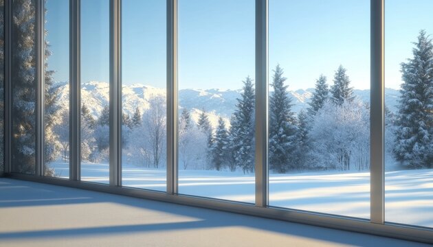 Fototapeta [Cozy winter window scene] Warmth Inside: Serene Winter View Through Large Glass Window