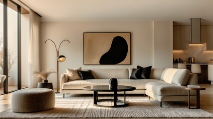 Minimalist living room, neutral color palette, curved sofa, round coffee table, abstract wall art, arched doorway, pampas grass, textured rug, modern interior design, warm lighting, cozy atmosphere, e