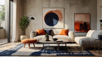 modern living room interior, cozy apartment, neutral color palette, large windows, natural light, minimalist furniture, beige sofa, orange accent pillows, round coffee table, wooden floor, area rug, p